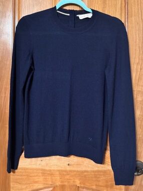 Tory Burch 100% Cashmere Navy Crew Neck Sweater TB Logo Buttons EUC